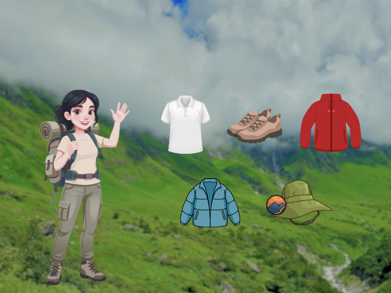 Trekking essential clothing like Jacket, trekking shoes, Thermals, layering