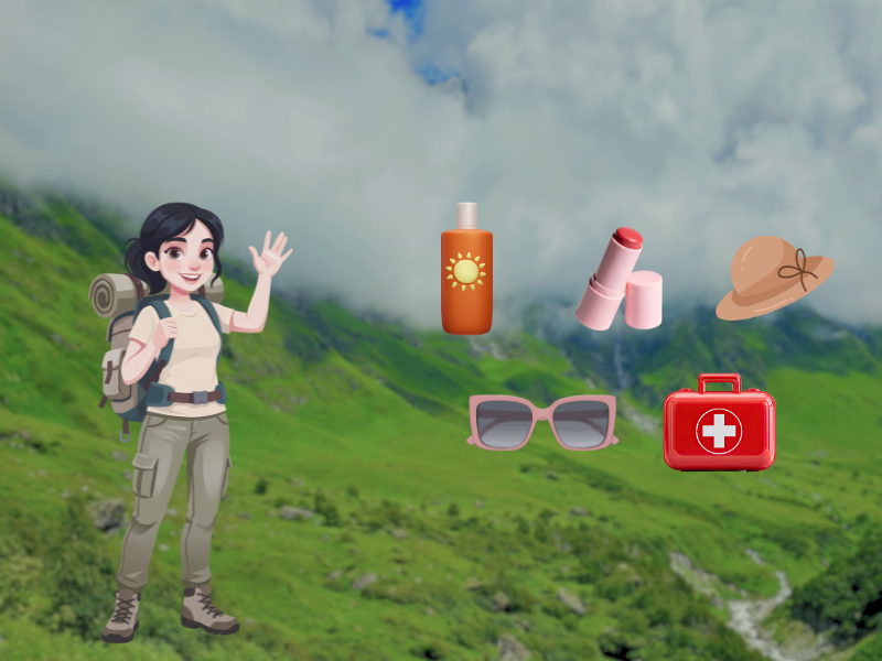 Personal Essentials and Hygiene products list on hike like sunscreen, lip balm, sunglasses, hat